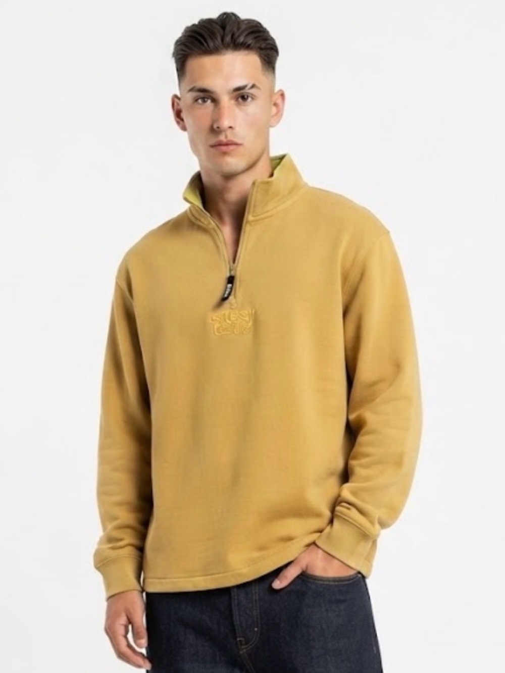 Stüssy Designs Mustard Gold Quarter Zip Mock Neck Sweatshirt Men’s Medium